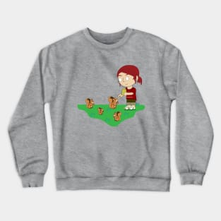 Red hair girl feed the nut to squirrel at park , Girl give the nut to squirrels, Girl relax with cute squirrel ,cute girl, squirrel family, cute rodent, cute squirrel, pet lover, Red hair girl Crewneck Sweatshirt